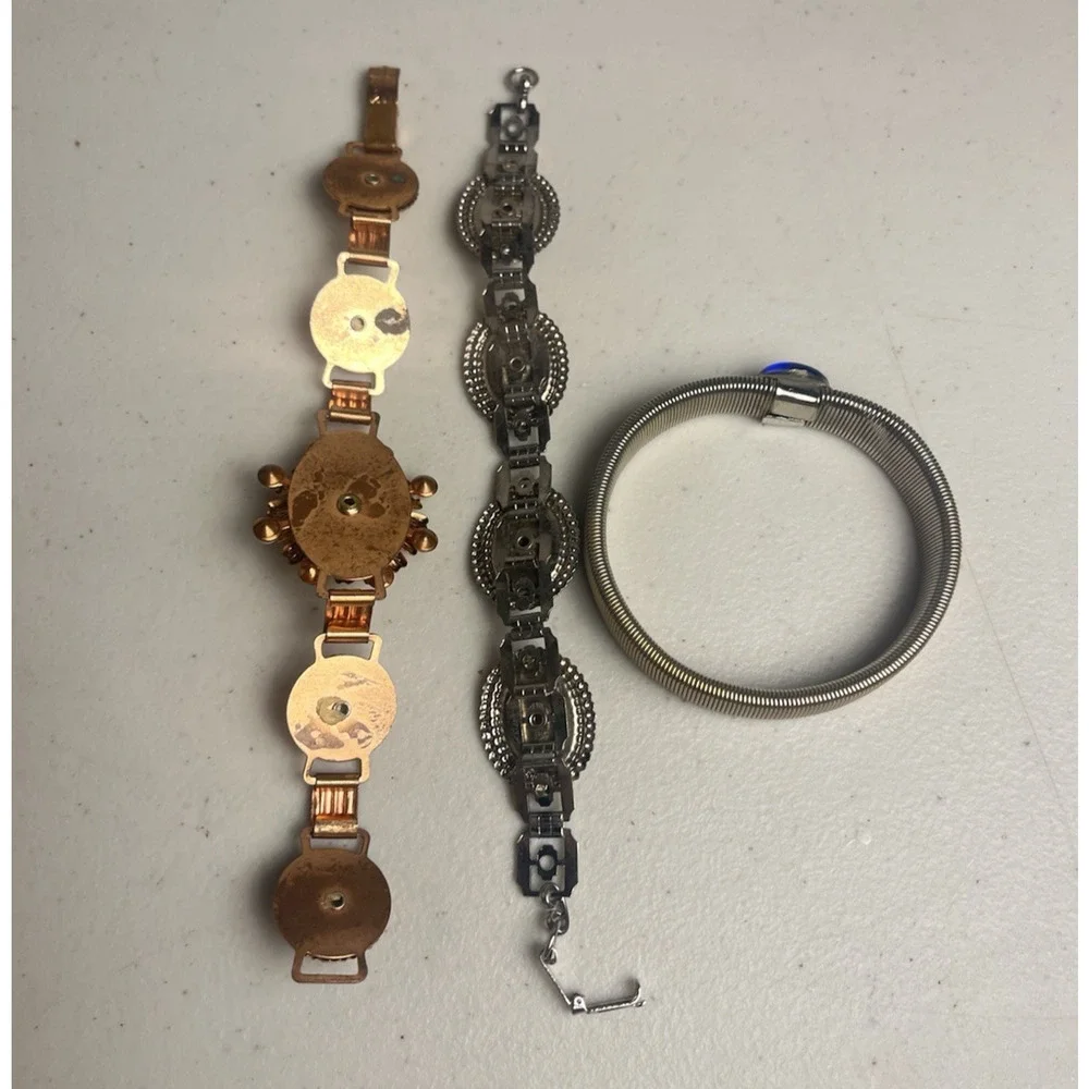 Old Vintage Bracelet Lot Copper Metal Links Mottled Flowers Tubogas Cabachon